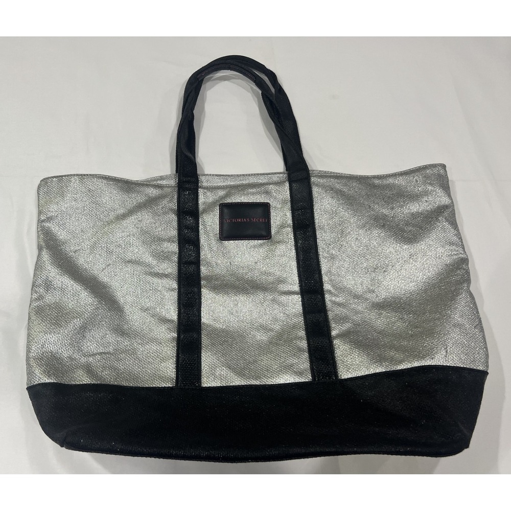 Victorias Secret Shoulder Tote Bag Silver Metallic Travel Beach Textured Y2K